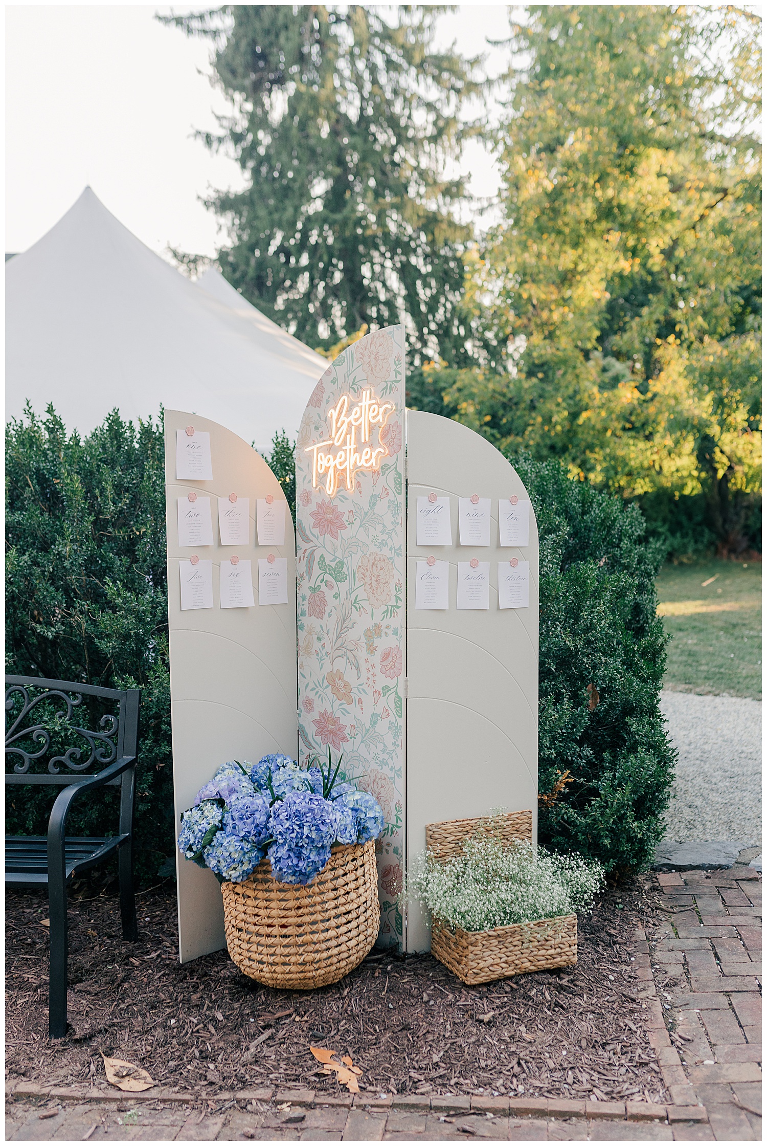 Reception details at One Eleven South Main garden party wedding