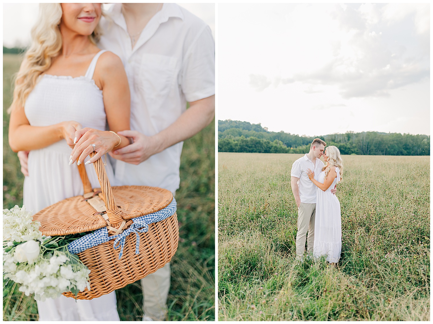 Sweet moments between a couple at their classic picnic engagement session in West Virginia