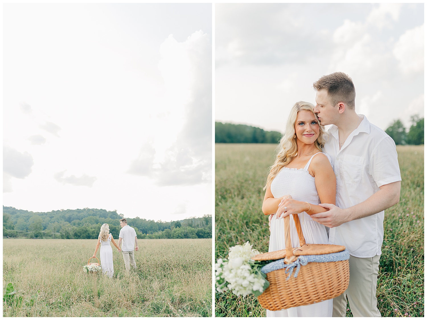 Sweet moments between a couple at their classic picnic engagement session in West Virginia