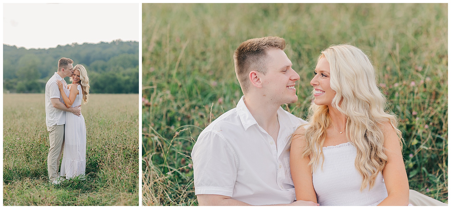 Sweet moments between a couple at their classic picnic engagement session in West Virginia