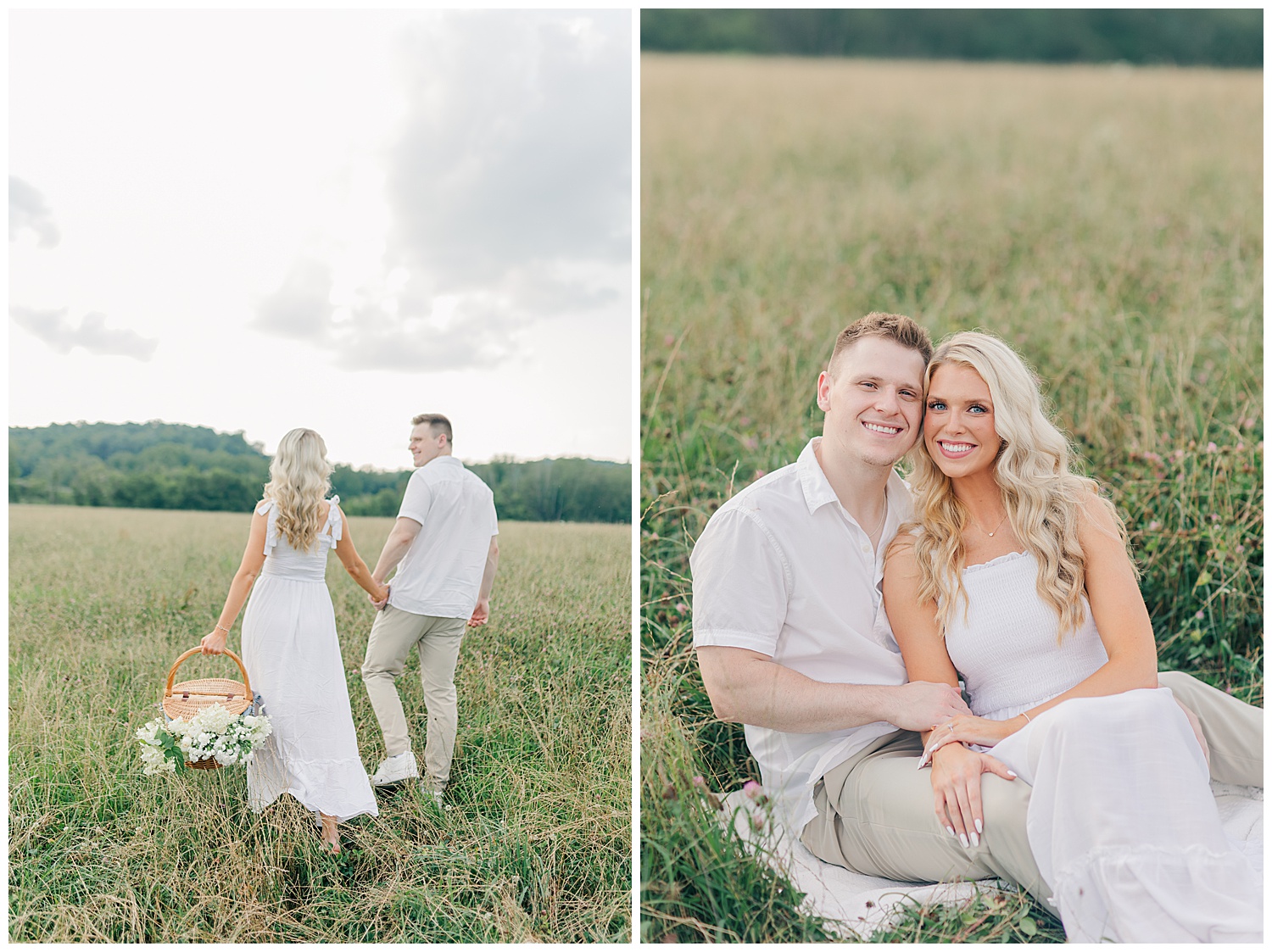 Sweet smiles between a couple at their classic picnic engagement session in West Virginia