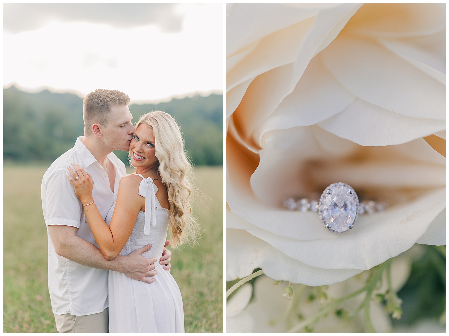 Sweet smiles between a couple at their classic picnic engagement session in West Virginia