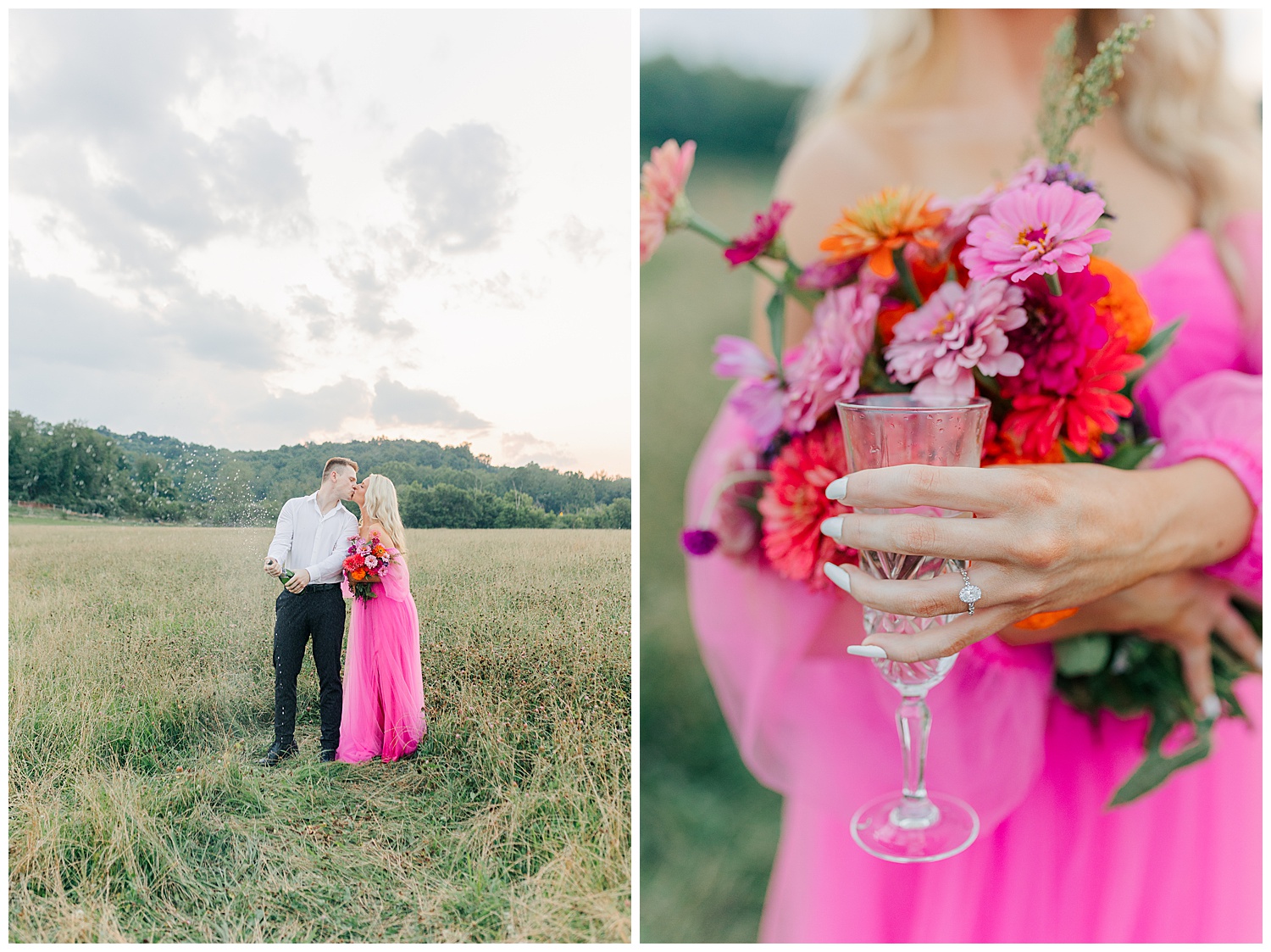 Abigail and Jace popping champagne at their classic picnic engagement session in West Virginia