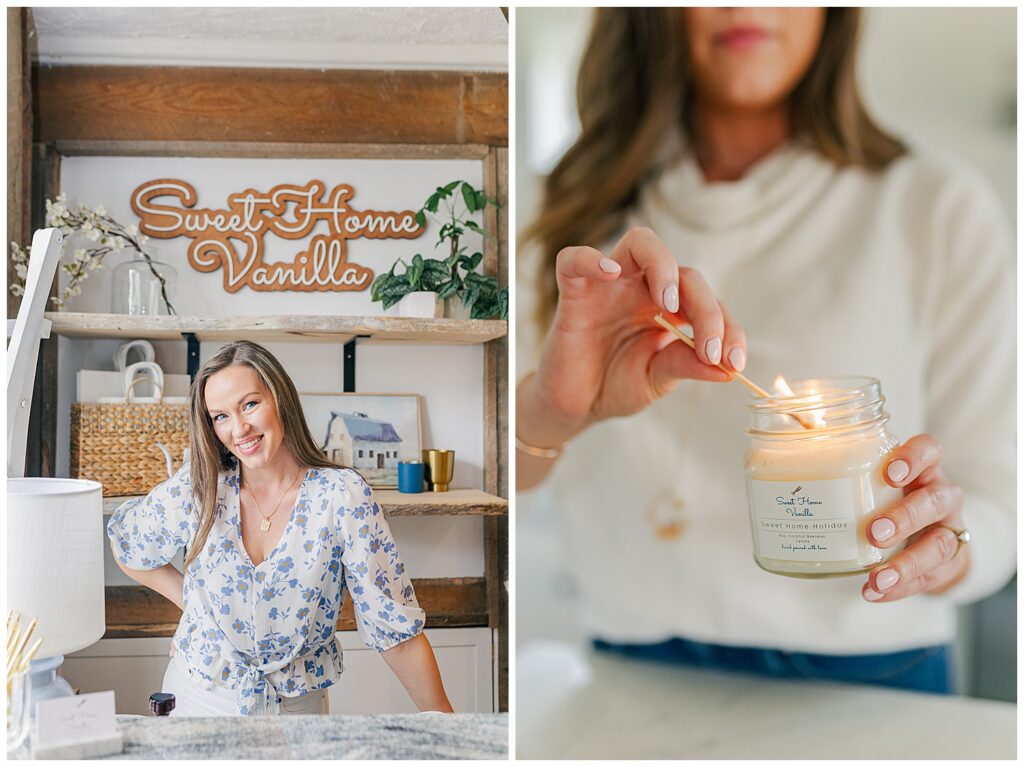 Amanda smiling as she lights a candle inside her Sweet Home Vanilla shop during her branding session in Thomas, West Virginia.