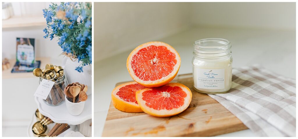 Hand-poured Sweet Home Vanilla candle styled alongside a fresh orange and homemade baked goods during a branding shoot in Thomas, West Virginia.