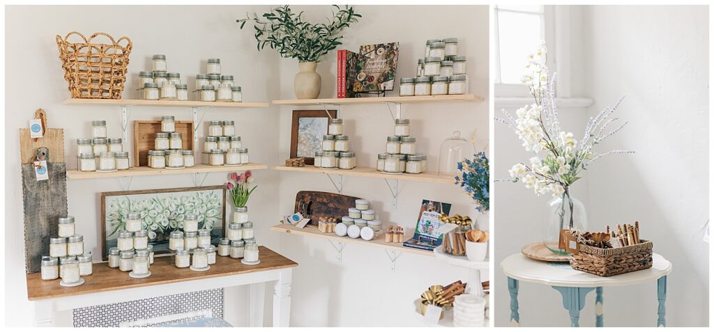 View of Sweet Home Vanilla’s cozy retail space in Thomas, West Virginia, showcasing homemade vanilla extract kits and home goods.