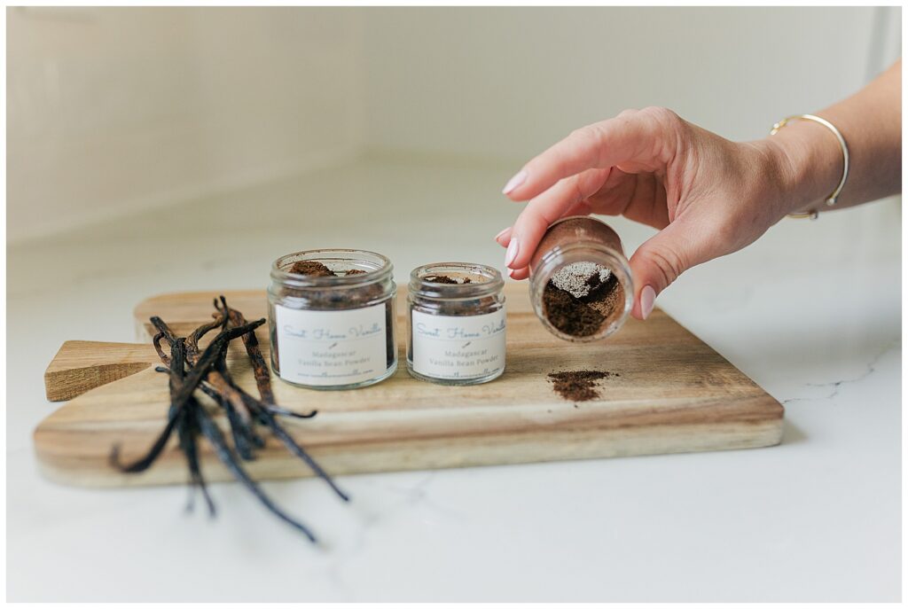 Close-up of Amanda blending ingredients for handcrafted vanilla extract kits at Sweet Home Vanilla in Thomas, West Virginia.