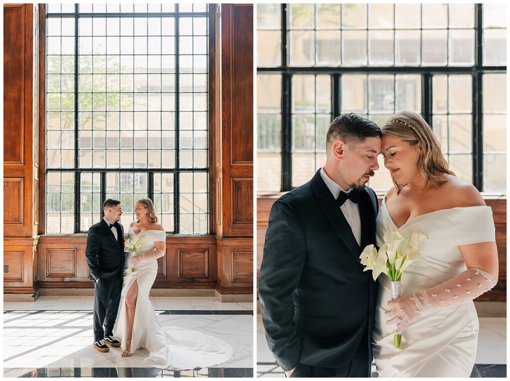 Bride and groom standing close together in front of the floor-to-ceiling windows of Hotel Morgan, the groom leaning in as they share a romantic moment.