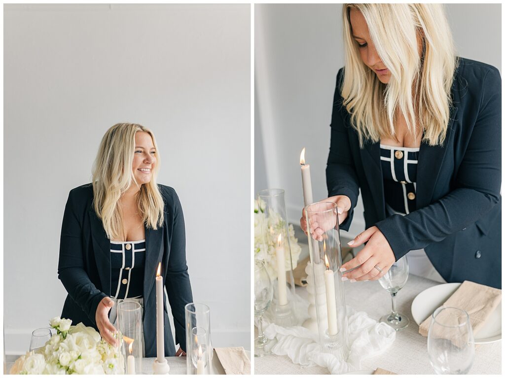 Morgan carefully arranging a tall, neutral-toned taper candle in a glass holder, creating a modern and elegant tablescape.