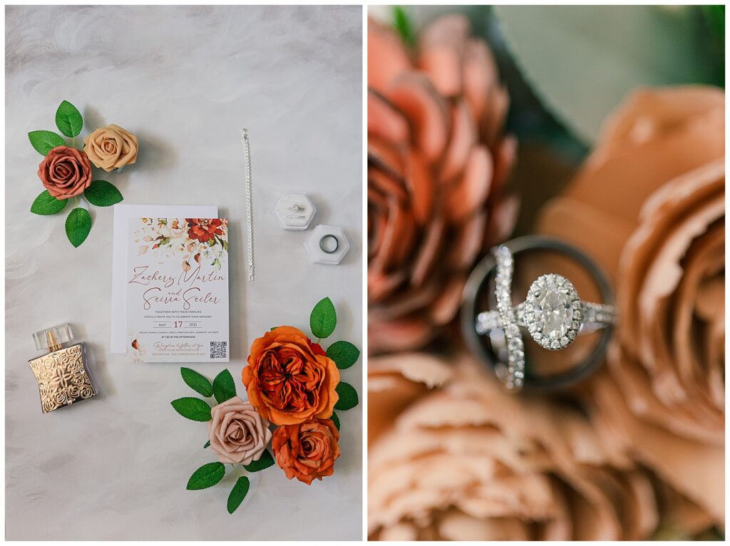 Split-frame photo featuring a floral wedding invitation suite styled with blush and burnt orange roses, and a close-up of the bride and groom’s wedding rings placed on top of soft peach florals.