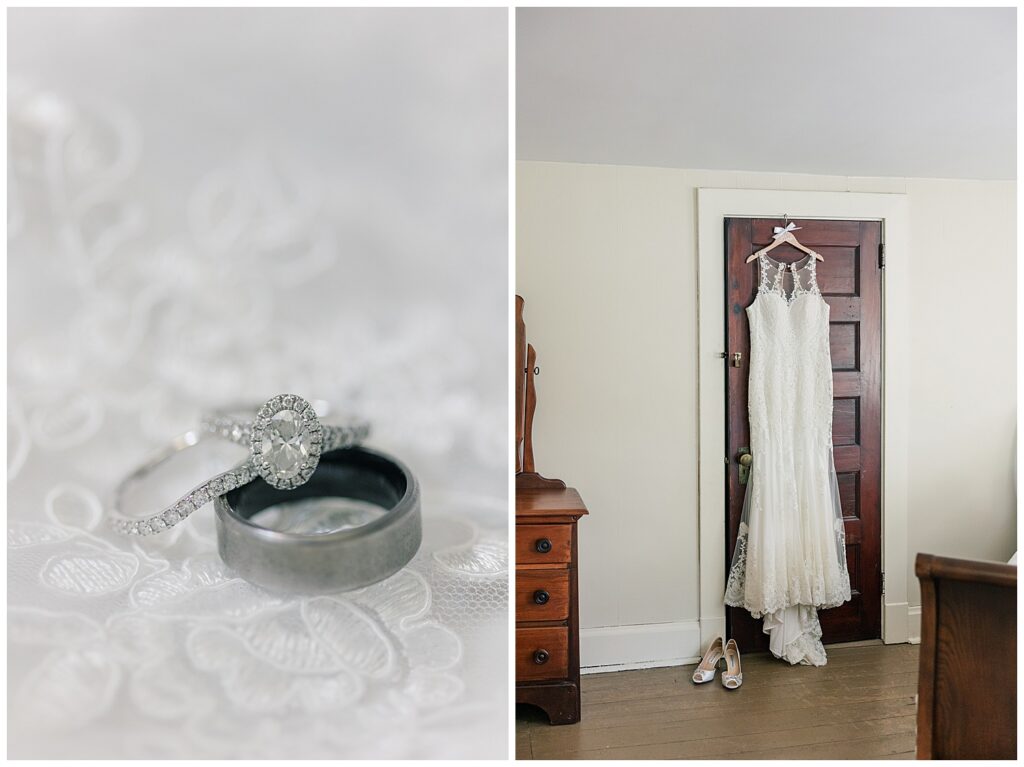 Close-up split-frame detail of the bride’s wedding ring and dress hanging on a door in the bridal suite.