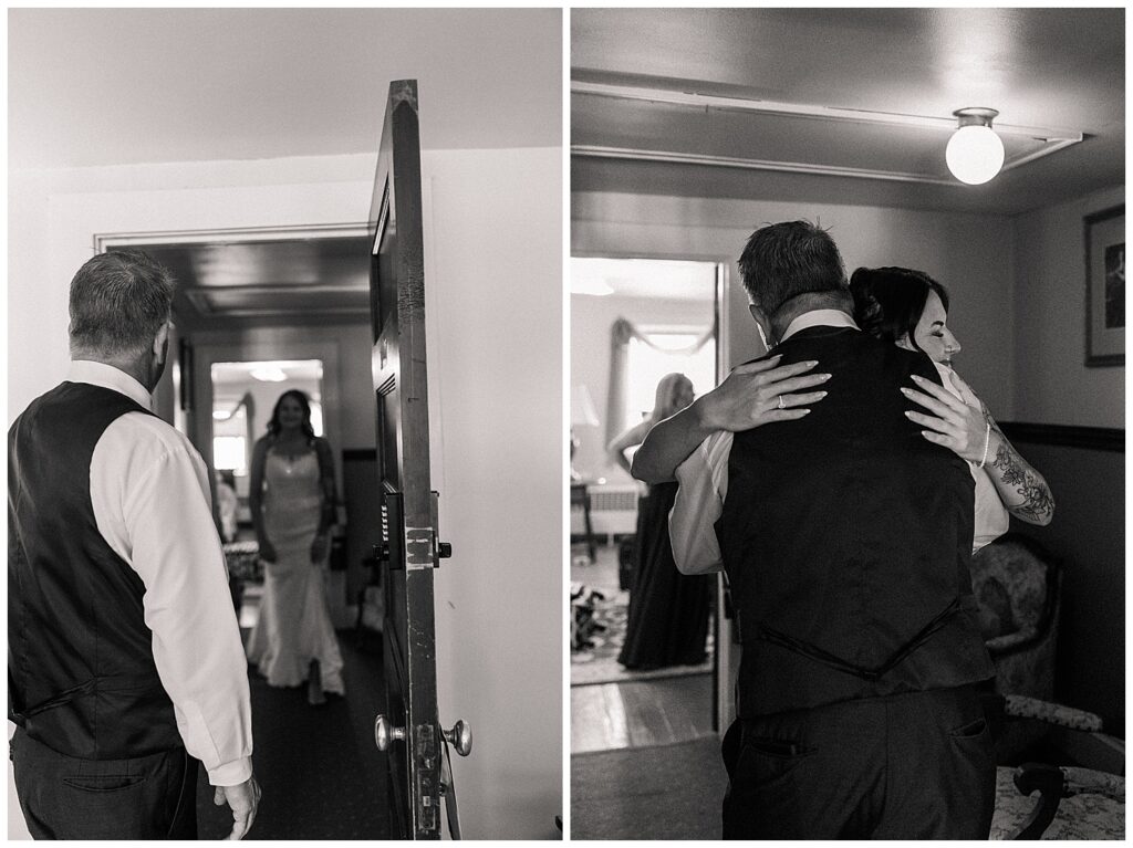Black and white split-frame photo of a heartfelt hug between the bride and her father during the getting ready moments.