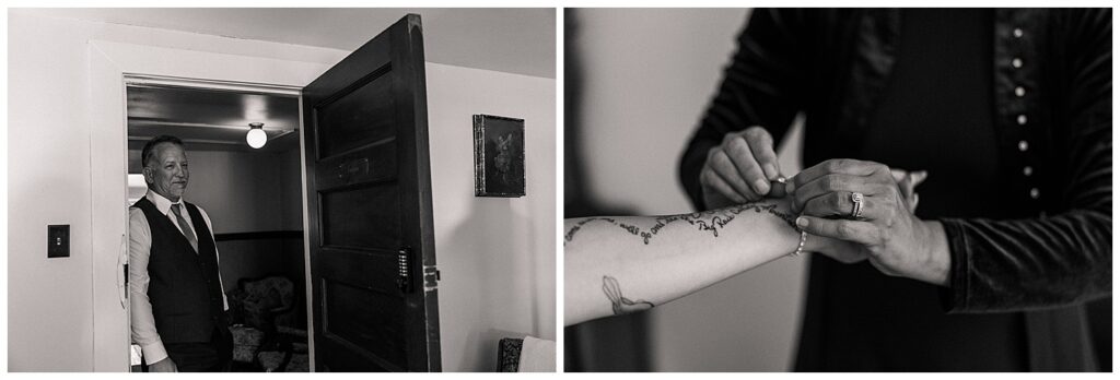 Black and white split-frame detail shot of the bride’s arm and garter being adjusted in a quiet pre-ceremony moment.