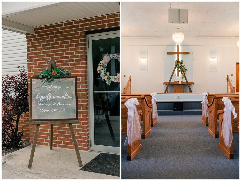 Welcome sign outside the church entrance, reading 'Welcome to the Wedding of Seirra & Zack' with greenery and floral accents.