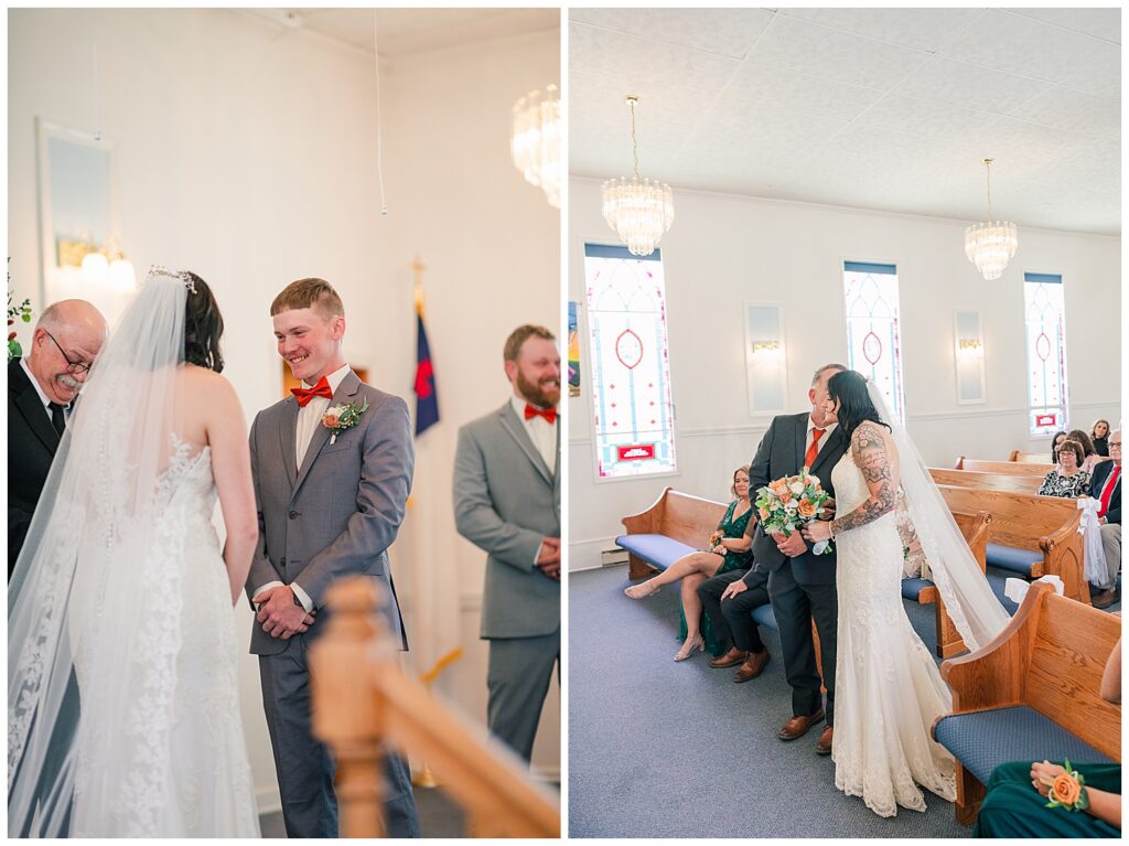 Bride walking down the aisle toward the groom, who waits at the altar with a smile, during the start of the wedding ceremony.