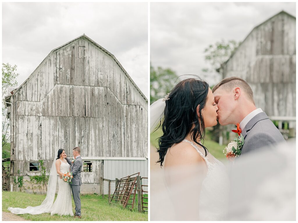 Split-frame image of the bride and groom kissing in front of a weathered barn, with her veil blowing gently in the foreground.