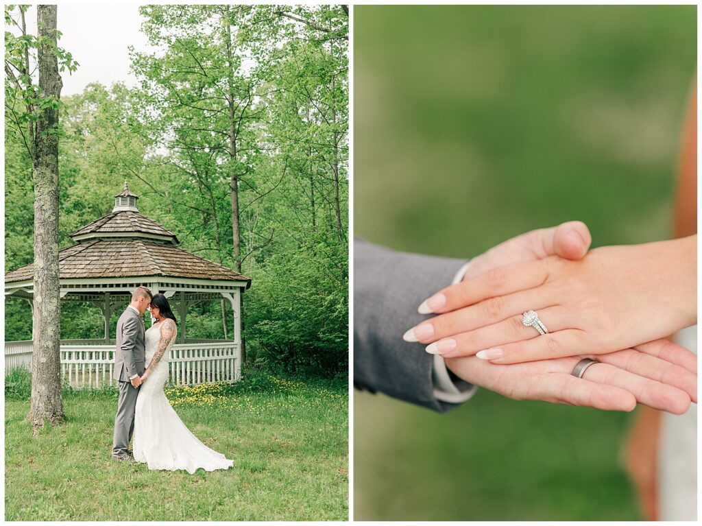 Split-frame photo of the bride and groom kissing in front of a gazebo and a close-up of their hands showcasing the bride’s wedding ring.