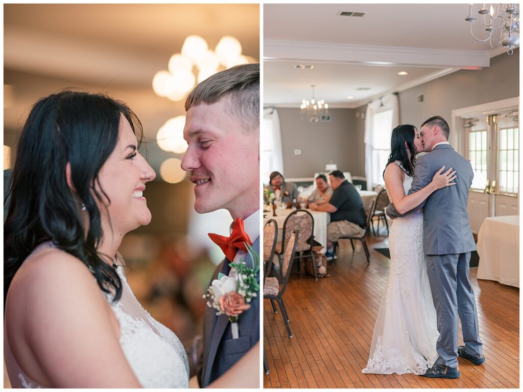 Bride and groom smiling at each other while dancing during their wedding reception, surrounded by family and friends.
