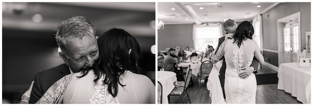 Black and white split-frame image of the bride and groom embracing and guests seated at the wedding reception.