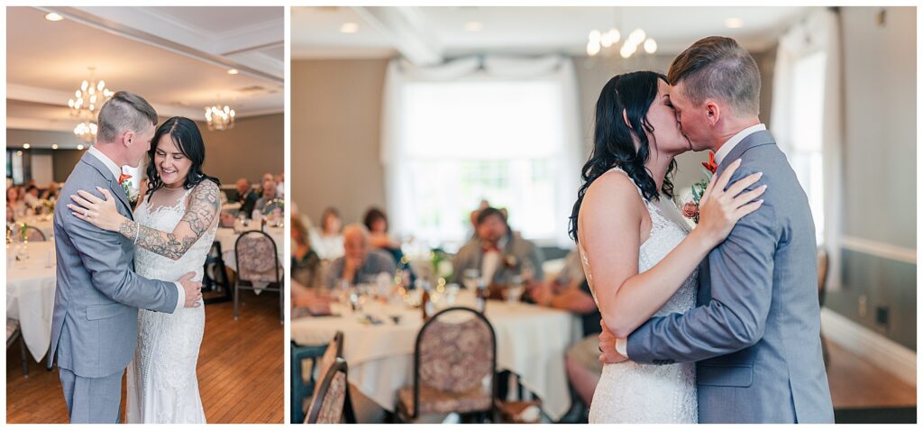 Bride kissing a guest on the cheek during the wedding reception as friends and family look on in the background.