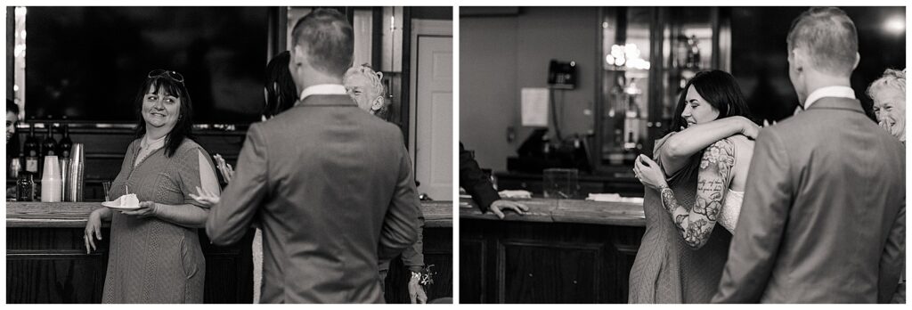 Groom chatting at the bar during the reception, shown in a black and white candid split frame.