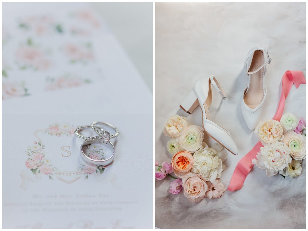 Flatlay of wedding invitation suite, blush and ivory florals, bridal shoes, and accessories styled beautifully on soft linen.