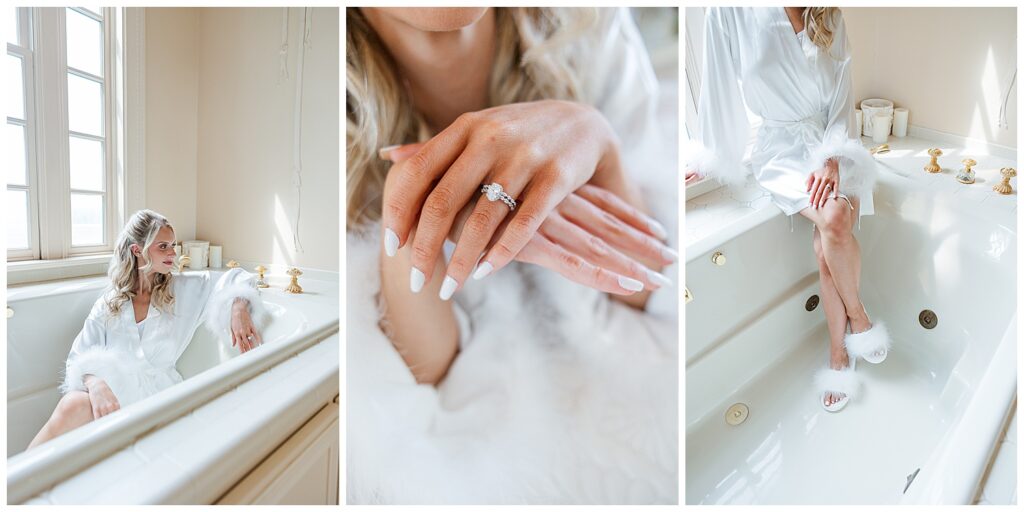 Close-up of the bride’s hands showing off her engagement ring and bridal nails, surrounded by soft veil texture.
