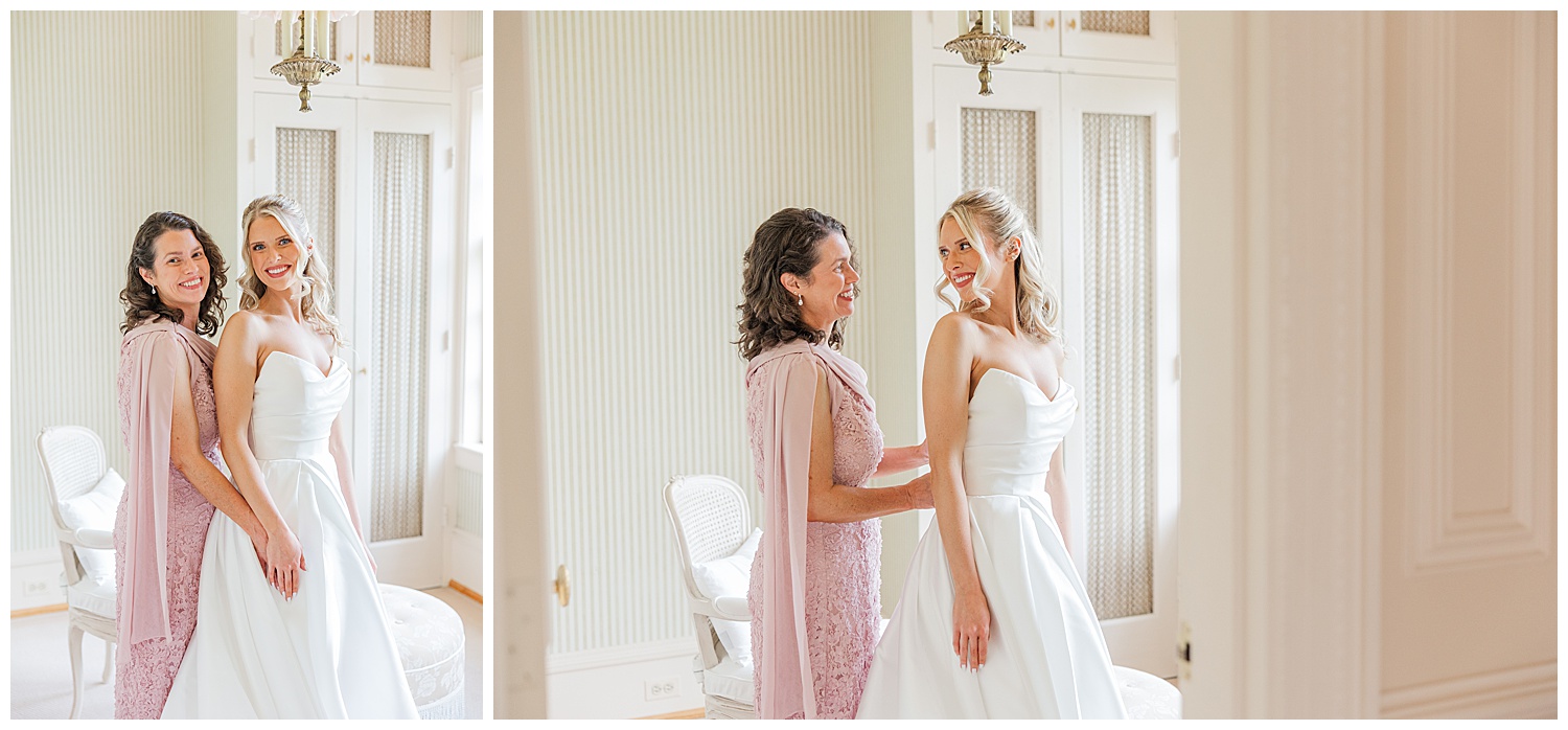 Bride getting ready with her mother, smiling at each other in a softly lit bridal suite at Great Marsh Estate.