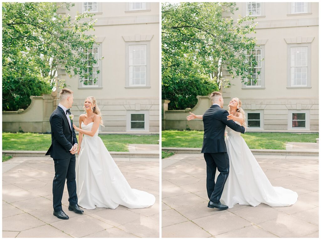 Bride and groom share a quiet, intimate moment as they walk hand in hand across the stone terrace at Great Marsh Estate.