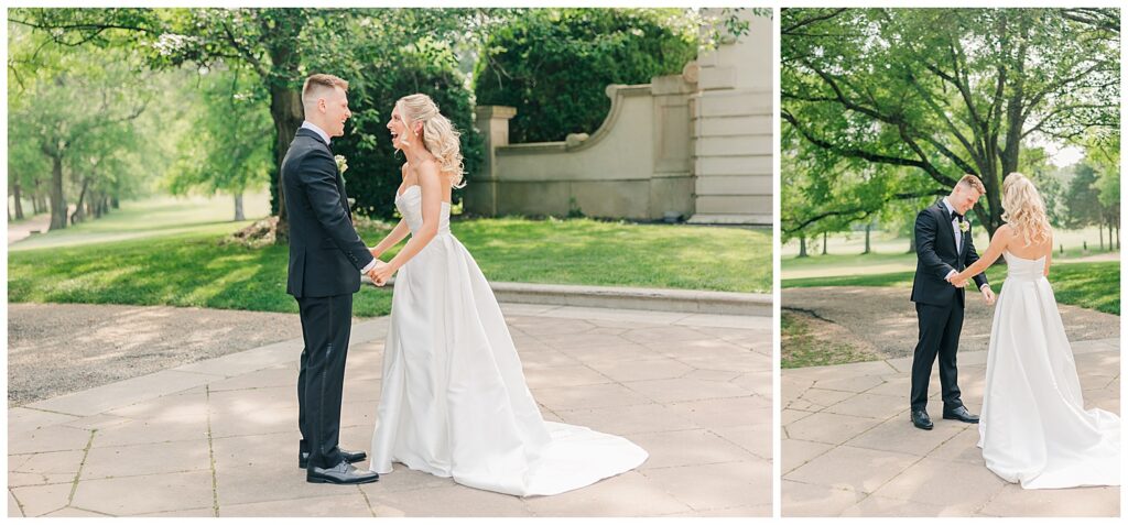 Bride and groom stand facing one another outdoors at Great Marsh Estate, beaming with love before the ceremony.