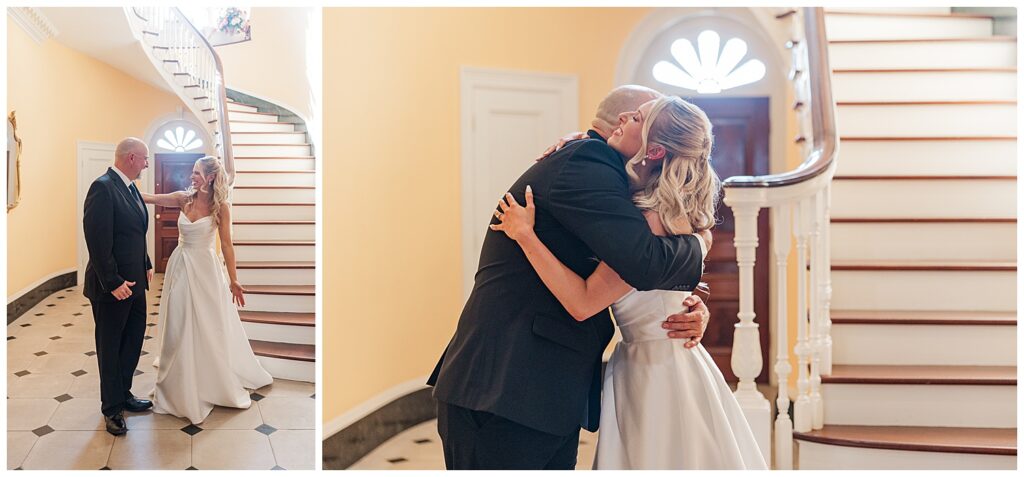 Bride embraces her father with a joyful hug during a heartfelt wedding day moment.