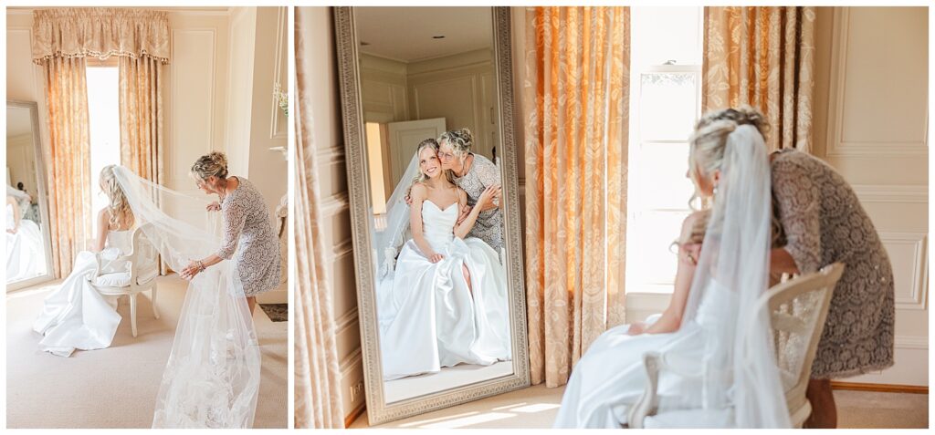Bride adjusts her veil in front of a large mirror as the reflection captures the final moments before the ceremony.