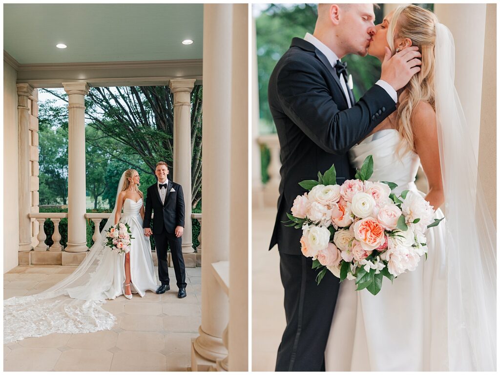 Groom holds the bride close as they kiss under the covered columns of the estate, her bouquet front and center.