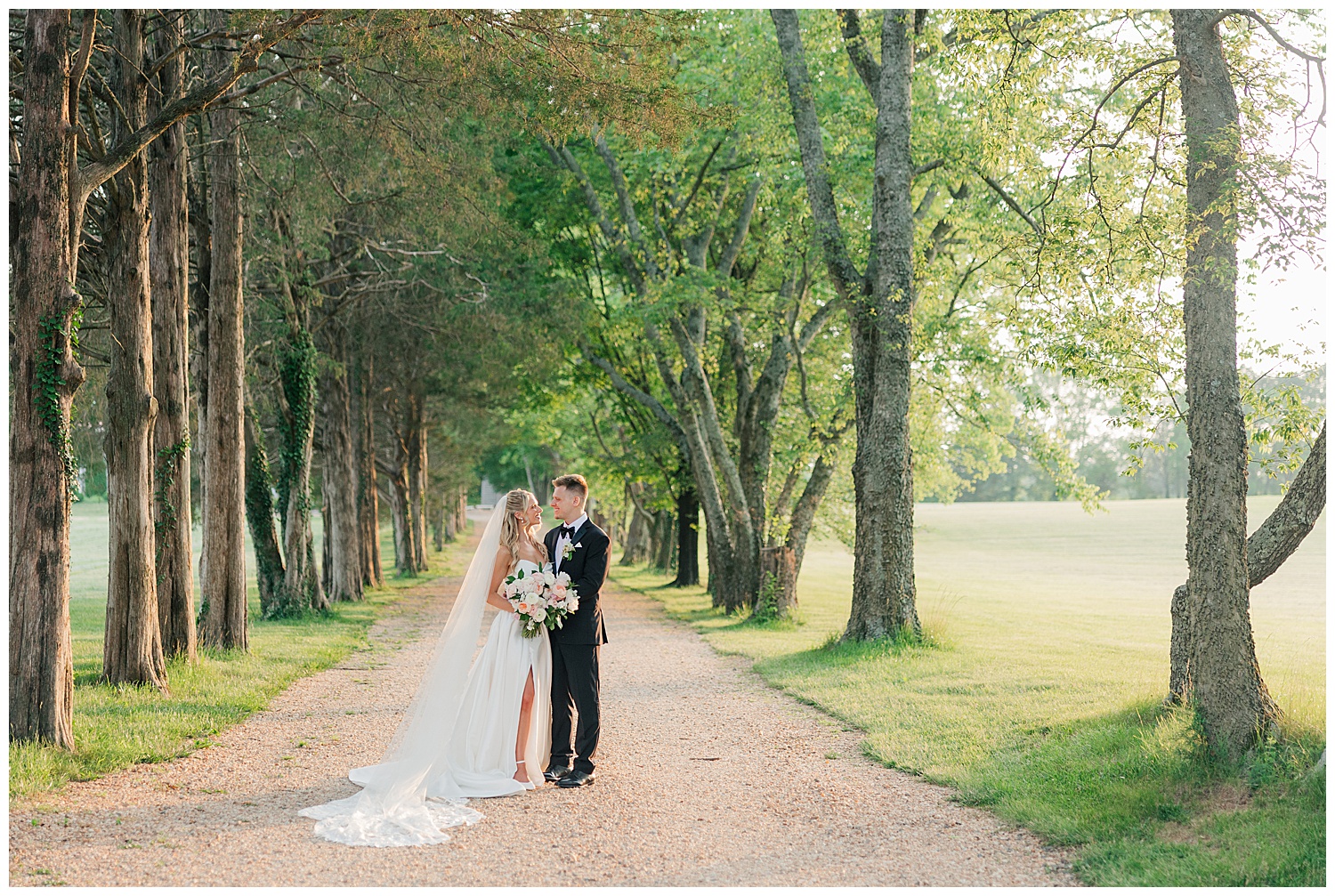Bride and groom walk hand-in-hand down a tree-lined path, the golden light filtering through the leaves in a romantic, countryside setting.