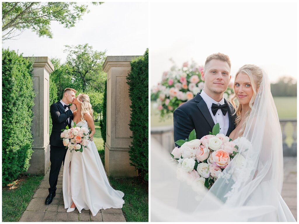 Bride and groom embrace in a garden alcove, surrounded by greenery and soft light, followed by a close-up portrait with pink floral arrangements in the background. Zoe Evans Photography.