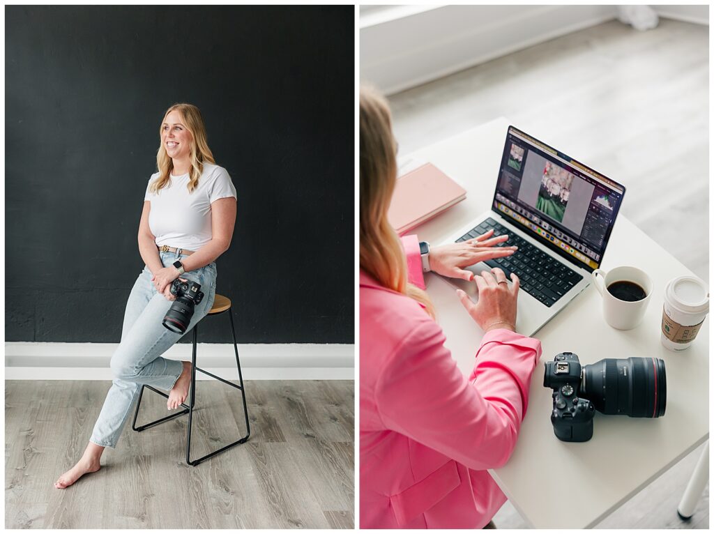 Smiling woman sitting on a black stool in front of a black backdrop, styled for brand photography. Woman wearing a bright pink blazer editing photos on her laptop with camera nearby on desk.