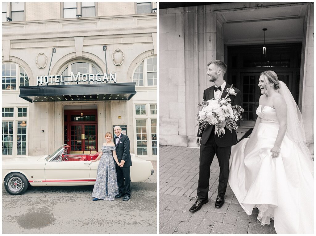 Two-photo collage: one of the groom standing outside Hotel Morgan with a loved one, and one of the bride and groom smiling while walking together.