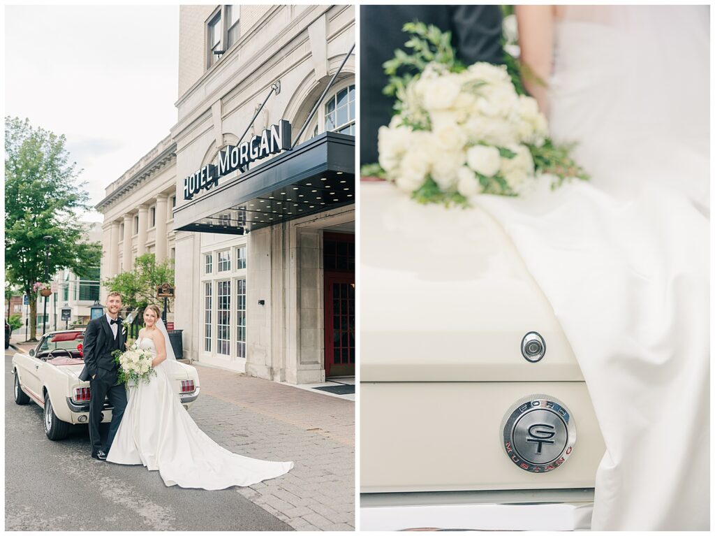 Bride and groom smiling and walking hand-in-hand outside the entrance of Hotel Morgan in Morgantown, WV. Close-up of the bride’s bouquet resting on the white vintage car door with chrome detailing.