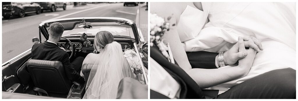 Collage of two images showing the bride entering a vintage getaway car, veil draped and bouquet in hand, in a soft black and white edit.