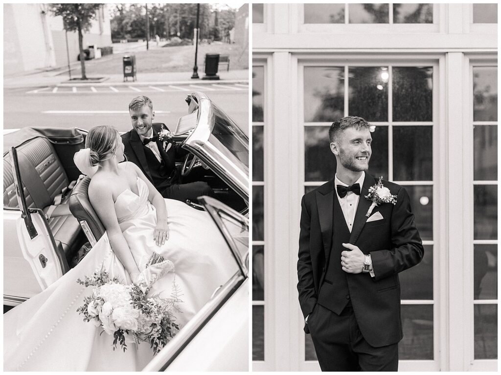 Two-photo collage of the bride and groom in their getaway car, the bride holding her bouquet and smiling at her new husband. Groom poses solo in front of tall windows in his tuxedo, smiling ahead of the wedding ceremony.