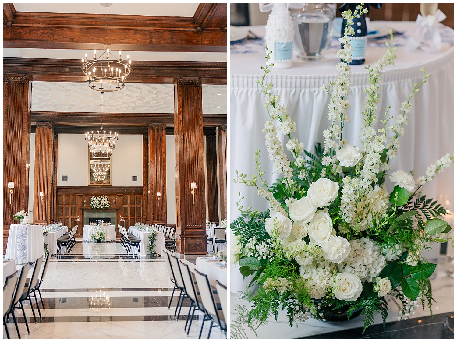 Elegant white and green floral arrangements and candlelit tables inside Hotel Morgan’s reception space with wood-paneled walls and chandeliers.