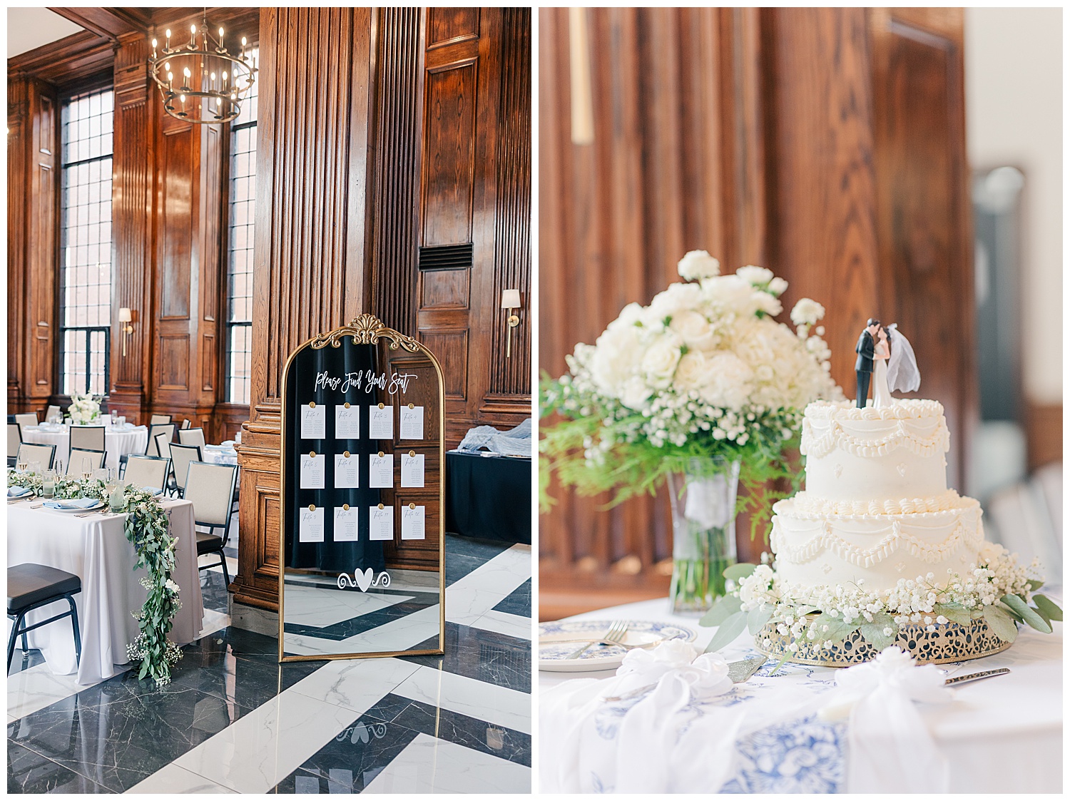 Reception detail collage featuring the wedding cake, welcome sign, and white floral arrangements in the grand ballroom at Hotel Morgan.