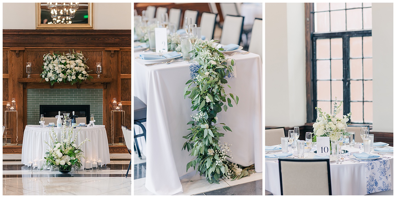 Close-up of the sweetheart table draped in white with cascading greenery garland, set for the bride and groom at their Hotel Morgan reception.