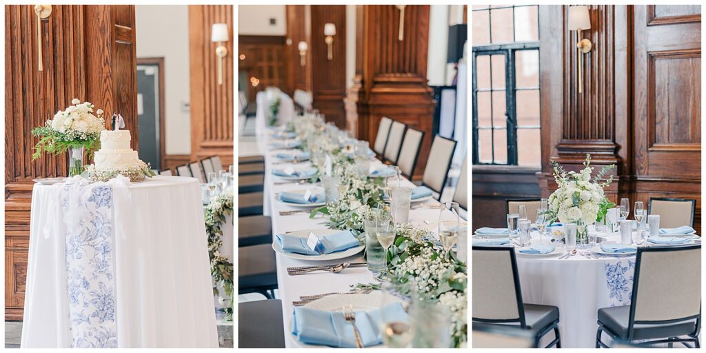 Reception tables lined with soft blue napkins, white florals, and lush greenery runners inside the sophisticated ballroom at Hotel Morgan.