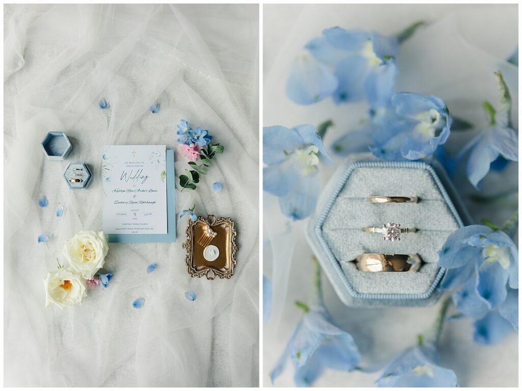 Flat lay of wedding invitation suite surrounded by delicate florals Flat lay detail shot of wedding rings in velvet blue ring box with soft blue flowers