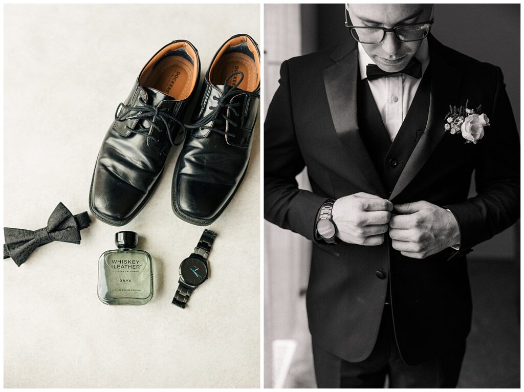 Flat lay of groom’s wedding day details including shoes, watch, cologne, and tie Black and white close-up of groom fastening tux buttons before ceremony begins