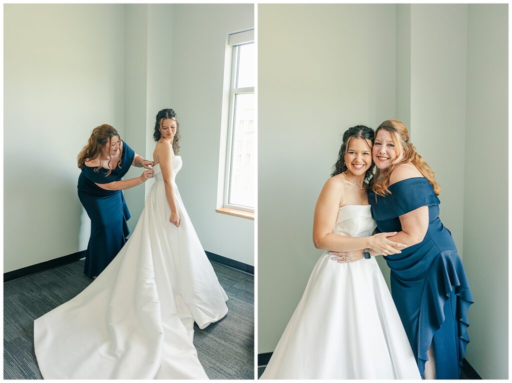 Bride getting into dress with help from mom inside a softly lit room before ceremony and Bride and bridesmaid hugging and smiling after putting on dress — Zoe Evans Photography
