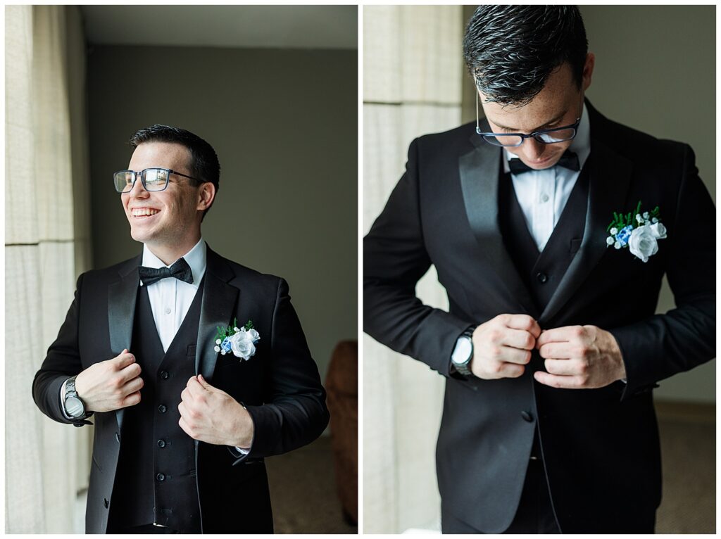 Groom buttoning tux jacket while smiling — Zoe Evans Photography bridal prep moment and Groom adjusting bow tie during getting ready photos in Morgantown WV