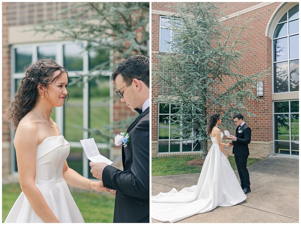 Bride and groom reading private vows outside under tree near their wedding venue and Full-length view of couple during emotional vow exchange with greenery in the background