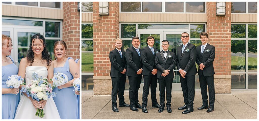 Groomsmen lineup posing outdoors in suits in front of the ceremony venue